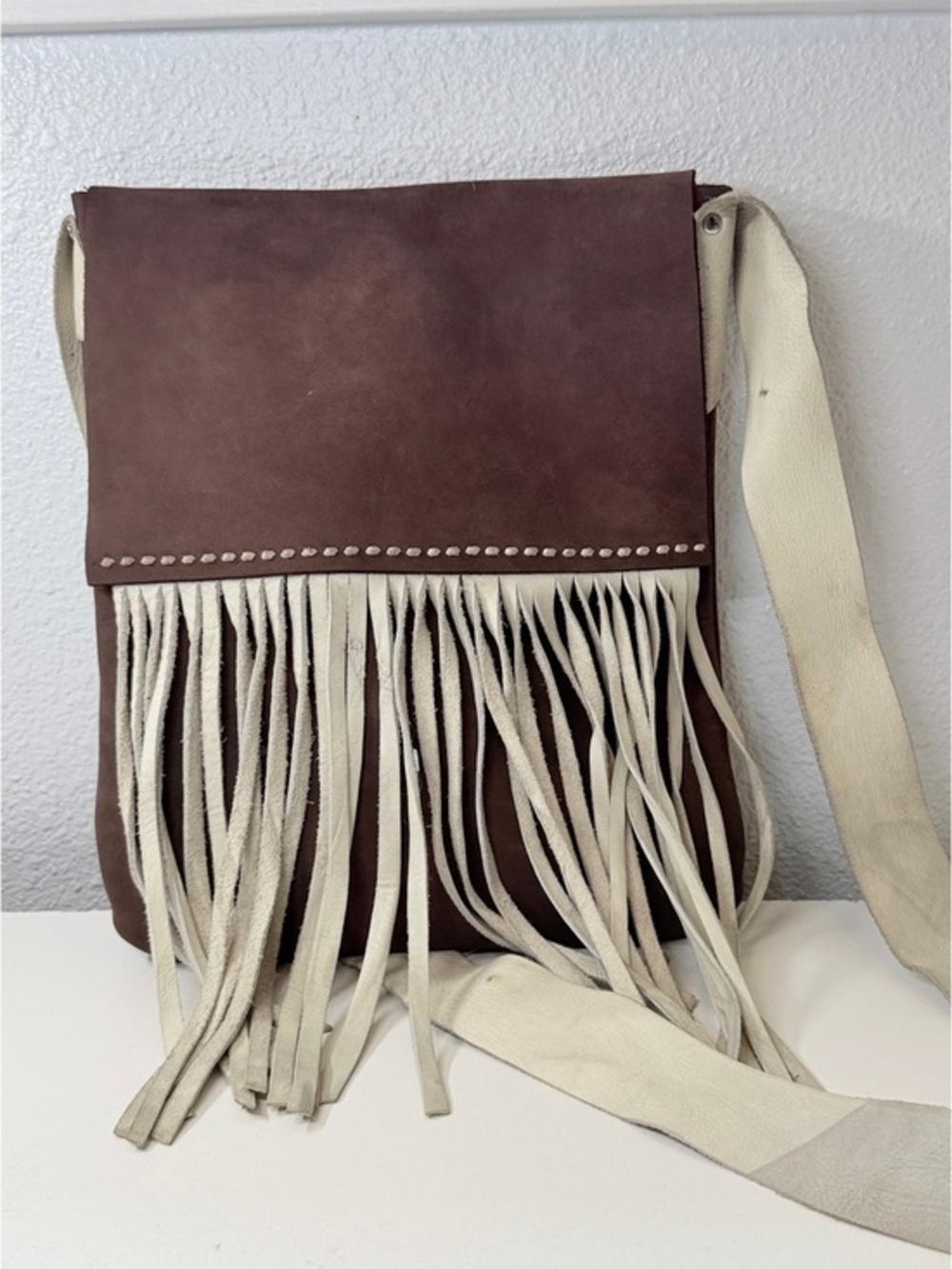 Handmade Leather Fringe Crossbody Bag Brown Cream Boho Western